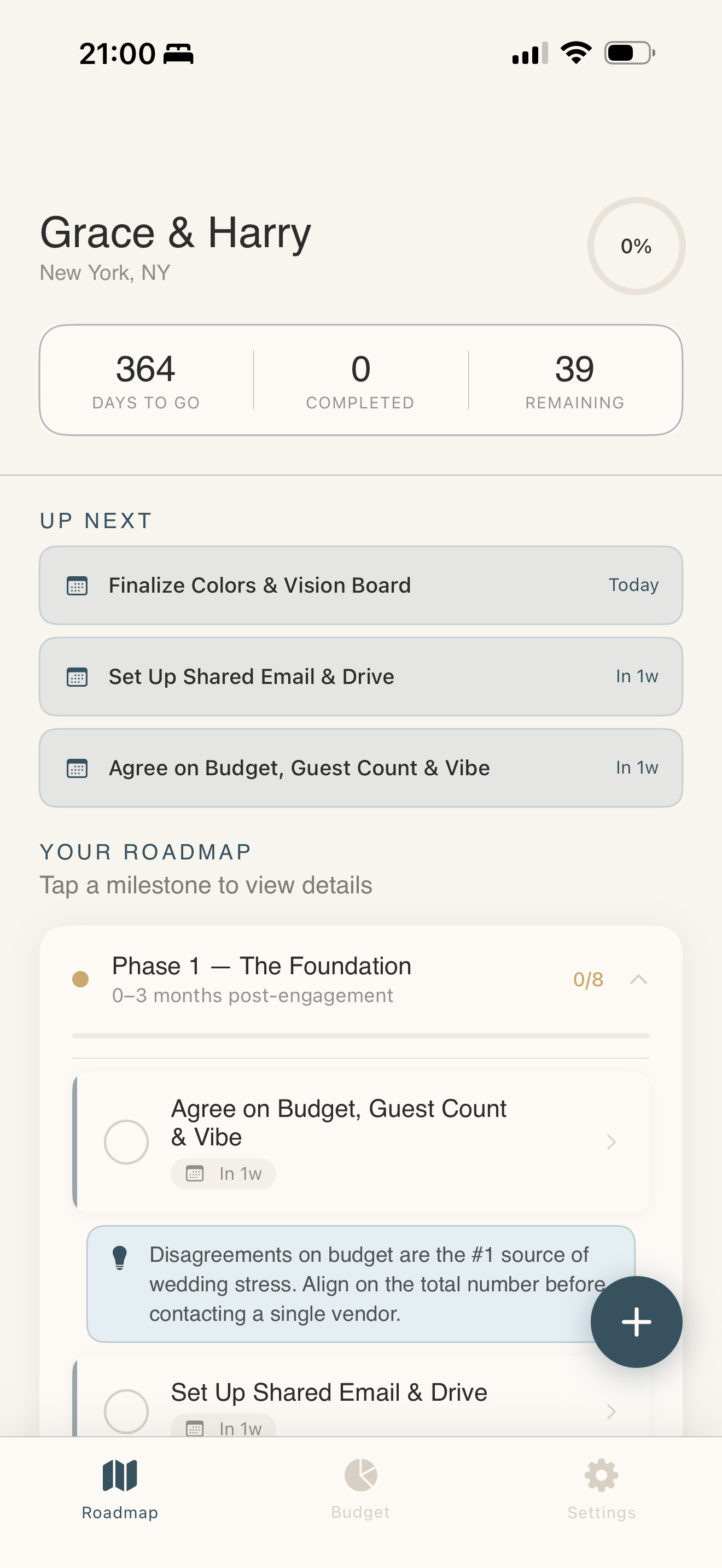 Vow app showing the wedding planning roadmap with milestone countdown and upcoming tasks